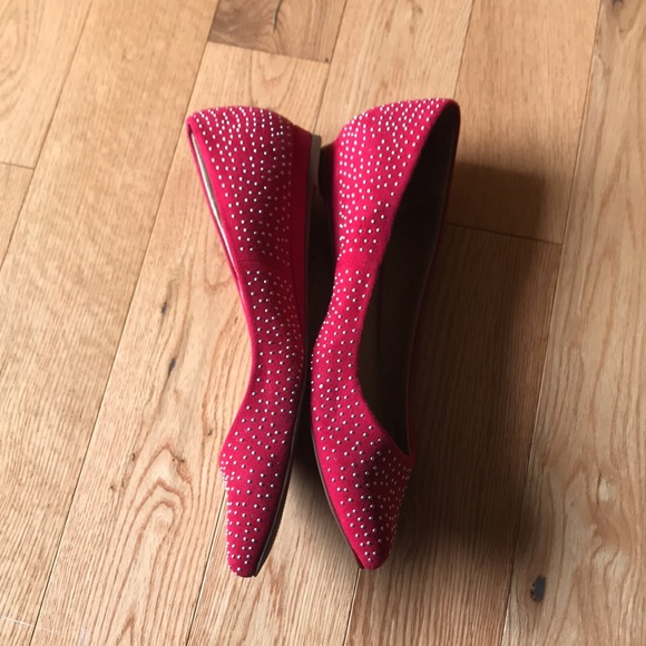 Aldo Red Suede Silver Studded Pointy Toe Flats | Size 8.5 - Picture 2 of 12